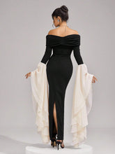 Women's Elegant Knitted Black Patchwork Waist Rhinestone Buckle Pencil Dress